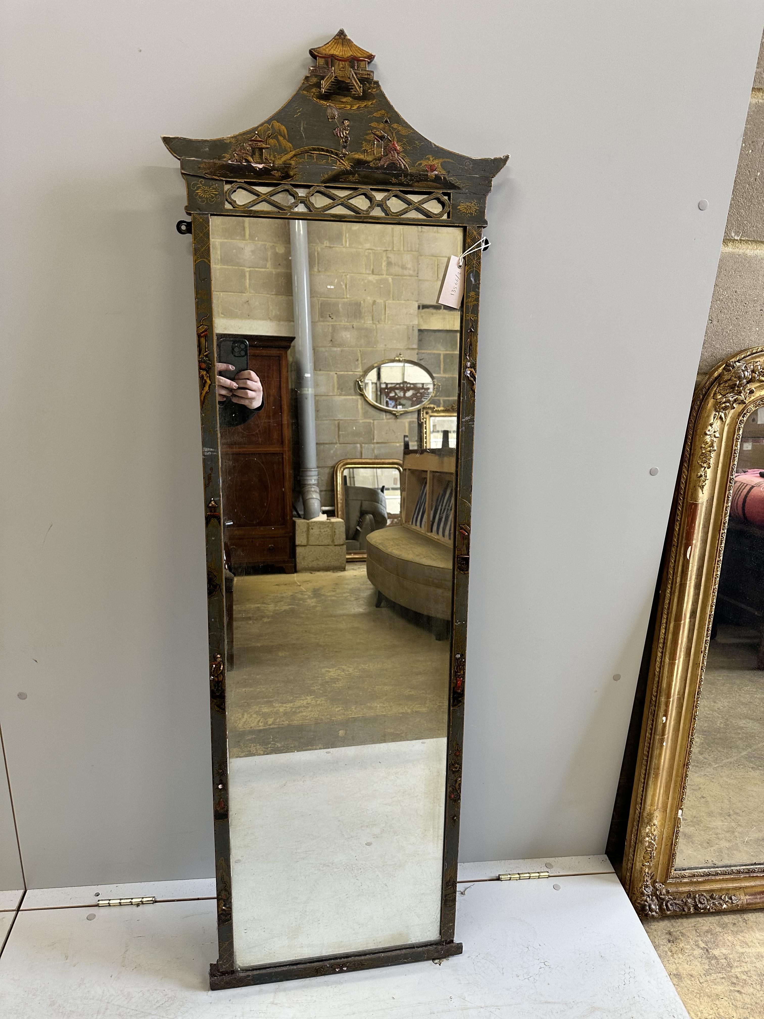 An early 20th century chinoiserie lacquer robing mirror, width 50cm, height 153cm